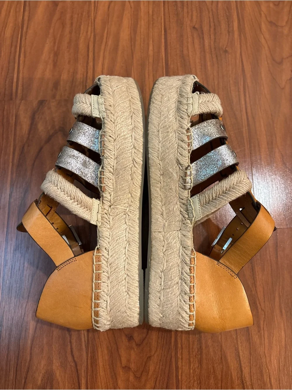 Tory Burch Fisherman Leather Espadrille Platform Sandals Metallic Womens 7